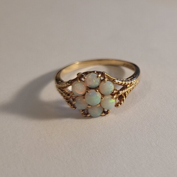 Opal Flower Cluster Vintage Ring 10k Yellow Gold 1980s October Birthstone - Picture 1 of 15